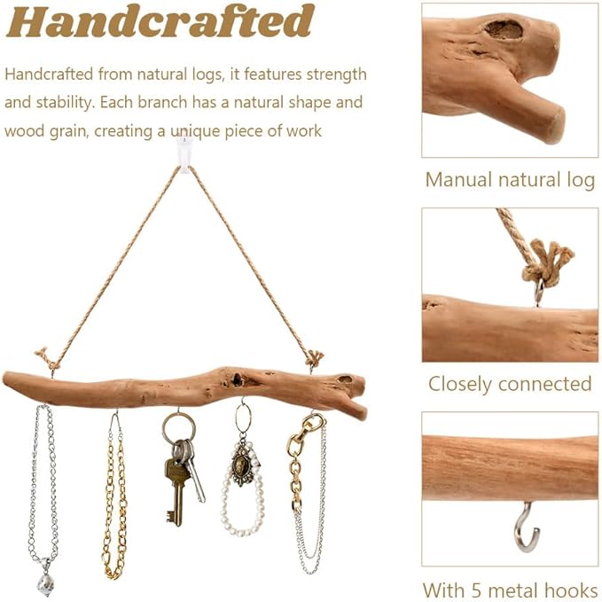15Inch Driftwood Wall Hanging Jewelry Organizer - Rustic Wood Tree-Shaped Wall Decor with 5 Hooks for Rustic, Boho & Farmhouse Home