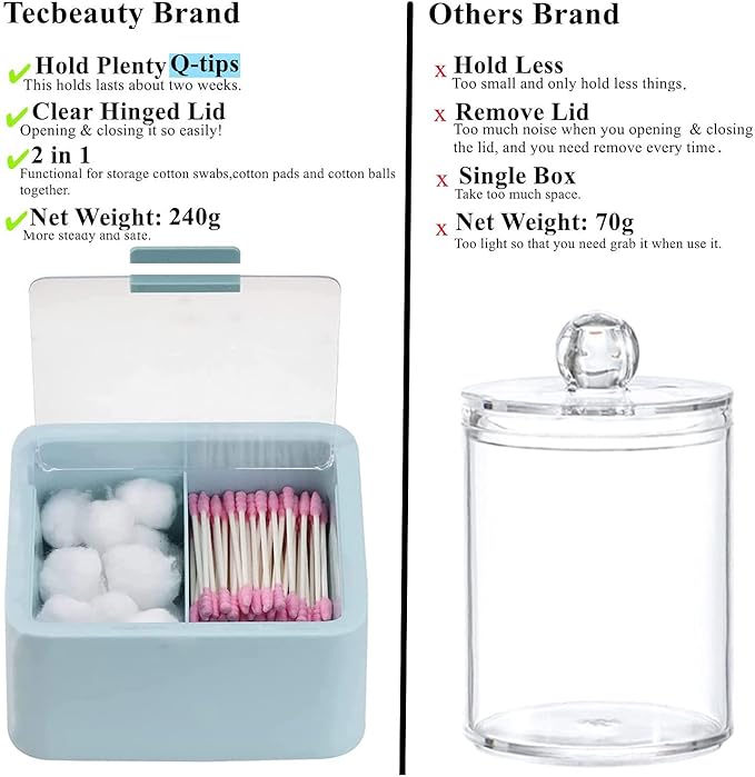 Tecbeauty Large Qtips Holder - 2 Grids Cotton Swabs Dispenser Bathroom Organizer Cotton Balls, Pads Storage Canisters, Hinged Lids, Blue