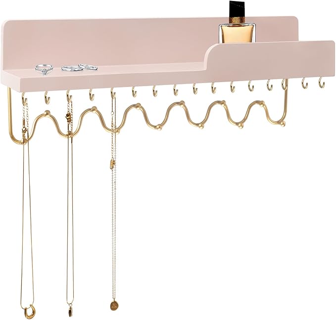 29 Hooks Wall Mount Necklace Holder Organizer, Pink Decorative Wood Jewelry Shelf with Gold Metal Wave Bar and Guardrail for Necklace, Pendant, Chain, Bracelet