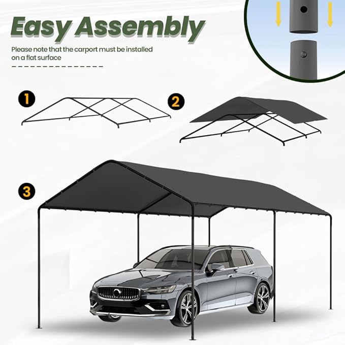 Carport, 10‘ x 20’ Heavy Duty Portable Garage All-Season Car Canopy, Outdoor Garage Boat Shelter Carport Canopy Party Tent w/Water-Resistant Tarp for Backyard (Grey, 10' x 20' /no Side)