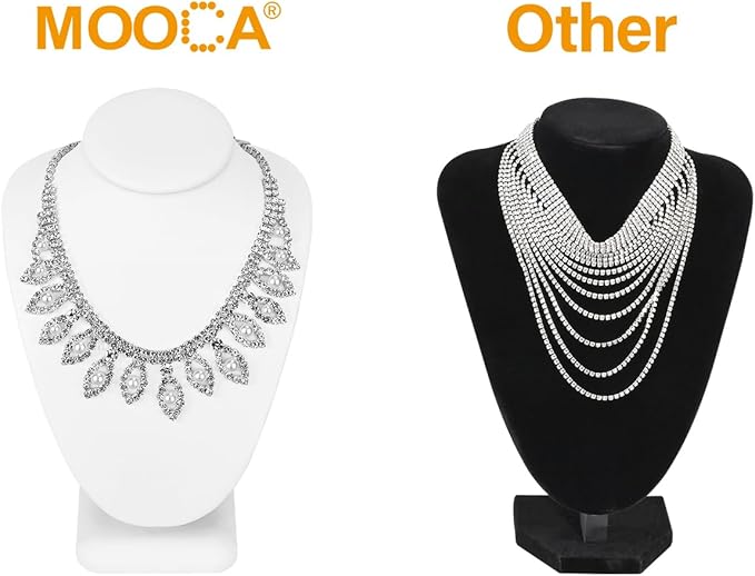 MOOCA 2 Pcs Set Small Necklace Chain Jewelry Bust Display Holder Stand, Necklaces Display Mannequin, Necklace Bust, Jewelry Stand 6 1/4 in H, 3 7/8" W x 2. 5/8" D x 61/4" H, White Leatherette