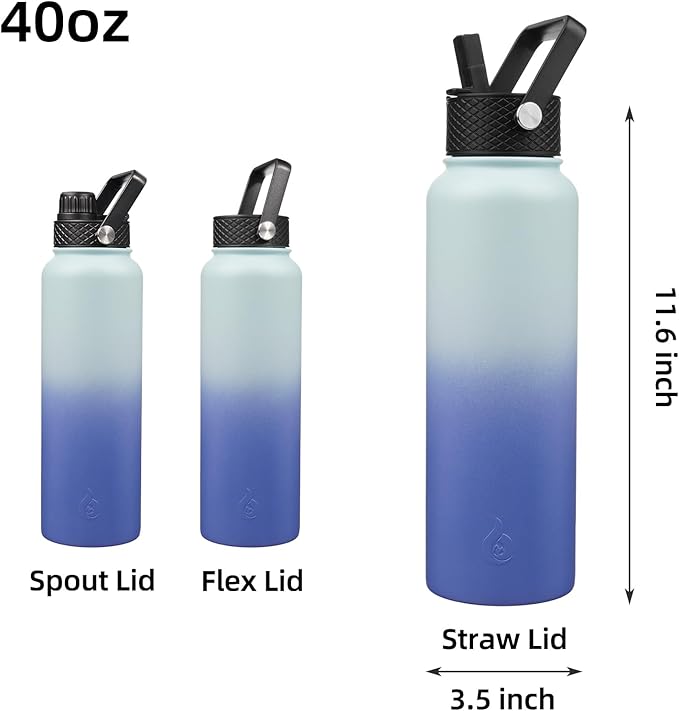 BJPKPK Insulated Water Bottles with Straw Lid, 40oz Cold & Hot Thermo, Stainless Steel Metal Water Bottle with 3 Lids, Reusable Thermo, Cups, Mugs, Tumblers -Sky