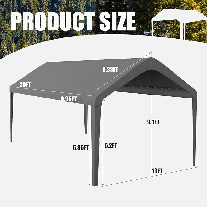 10x20 Carport Replacement Canopy Cover for Tent Top Garage Shelter Cover with Ball Bungees, 800D Oxford Replacement Cover Waterproof & UV Protection, Not Included Frame (Dark Gary)