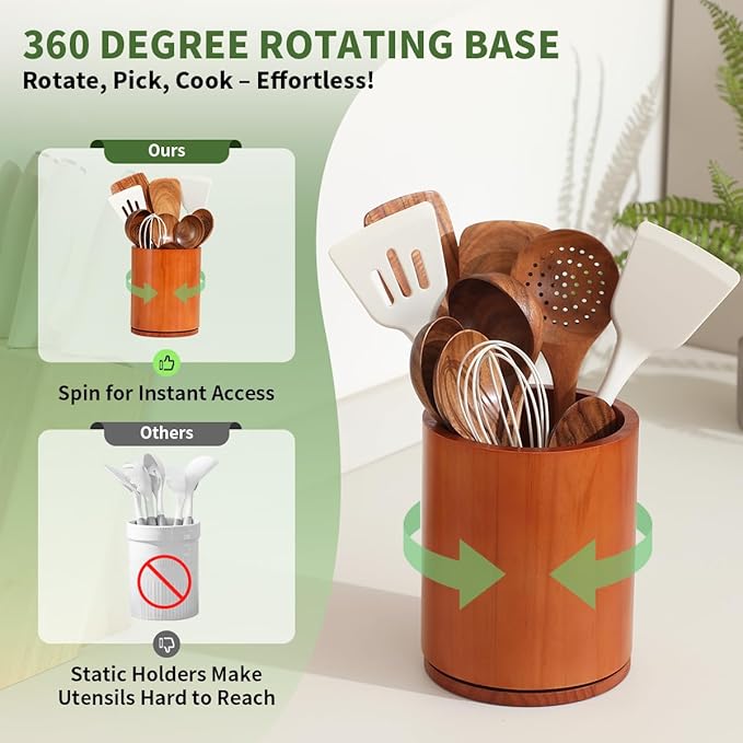 Wooden Utensil Holder, 360°Rotating 7.3'' Large Utensil Holder for Kitchen Counter, Kitchen Utensil Organizer, Utensil Crock, Farmhouse Kitchens Countertop Decor, Cherry