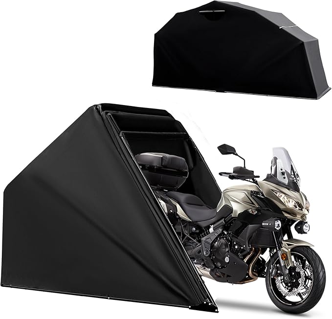 Motorcycle Storage Shelter Shed 4.5x11FT Motorcycle Garage Tent Heavy Duty Vehicle Motorcycle Shed with 600D Oxford Fabric Cover with 2 Roll-Up Side Windows (Black, L Size)