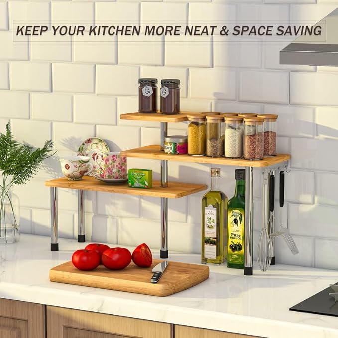 ZHWS Kitchen Countertop Organizer Spice Rack for Salt, Bathroom Counter Organizer Over Sink for Makeup, Skincare, Adjustable 3-Tier Corner Counter Shelf with 4 Hooks for Coffee Bar Dresser Table