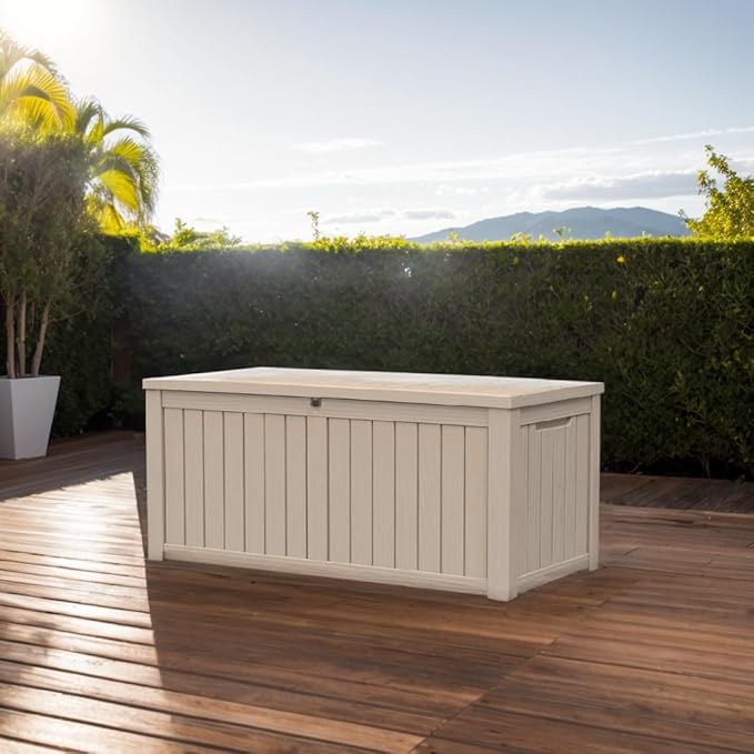 120 GallonOutdoor Storage Box,Resin Deck Boxes Waterproof, IndoorOutdoor Bin for Package Delivery, Patio Cushions, Gardening Tools, Lockable, UV Resistant