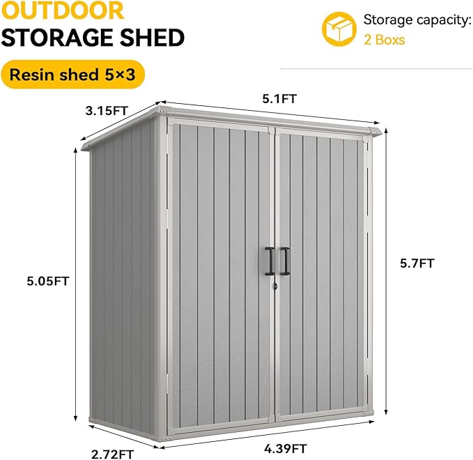 Aoxun 5x3 FT Outdoor Storage Shed, Plastic Garden Resin Shed with Floor for Patio, Lawn, Outdoor Storage Cabinet with Lockable Door for Bike, Garbage Can, Tools, Grey
