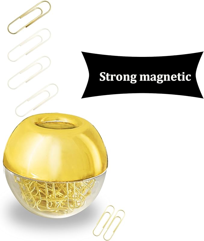 Magnetic Paper Clip Holder, Gold holder with Gold PaperClips 100pcs 28mm(1.1") Cute Office Supplies for Desk Organizer