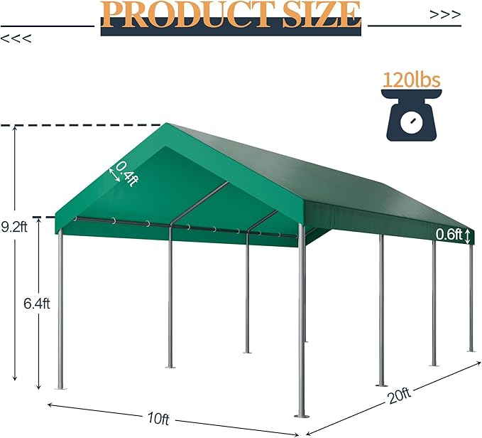 Shintenchi 10x20ft Heavy Duty Carport with UV&Wind Resistant Canopy,Portable Carport Garage Shelter with Stable Powder-Coated Steel Frame,Outdoor Carports for Car,Bike,Camp,Storage(Green)