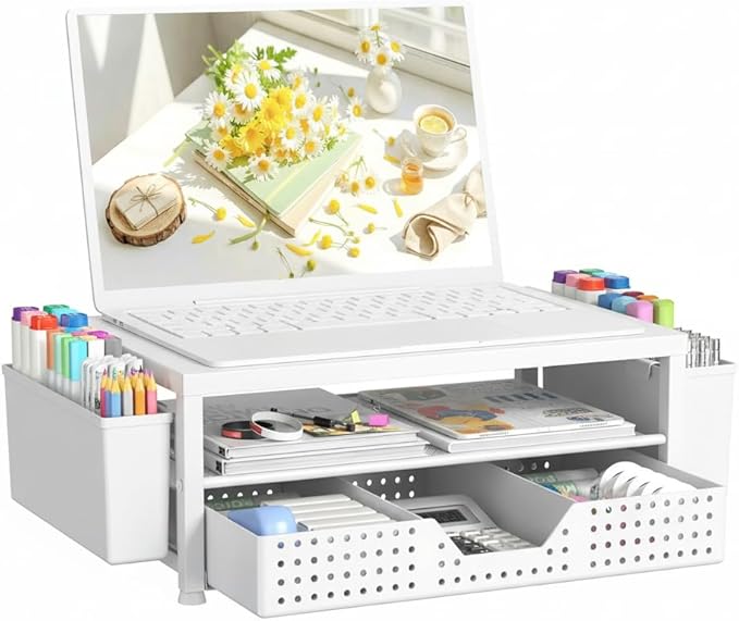 OPNICE Desk Organizer and Accessories, 2-Tier Computer Monitor Stand Riser with Drawer and 2 Pen Holders, Laptop Stand, Office Desk Accessories for Office Supplies, White – Perforated Steel Top