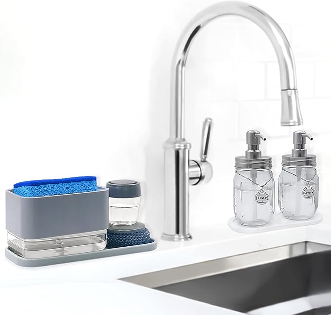 Silicone Organizer Tray, Soap and Sponge Holder for Kitchen Sink, Bathroom - Storage Tray for Dish Brush, Soap Dispenser, Dishwashing Accessories- 2 Pack (White)