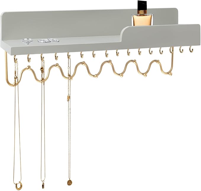 29 Hooks Wall Mount Necklace Holder Organizer, Gray Decorative Wood Jewelry Shelf with Gold Metal Wave Bar and Guardrail for Necklace, Pendant, Chain, Bracelet