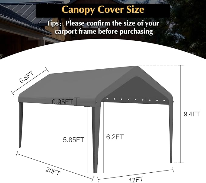 12x20 Canopy Replacement Cover, Carport Replacement Top Cover for 12' x 20' Frame, 800D Heavy Duty Waterproof & UV Protected Car Canopy with Ball Bungees (Frame is not Included) (Gray)