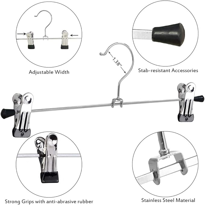 NORTHERN BROTHERS Pants Hangers with Clips, Heavy Duty 20 Pack, Adjustable Metal Pants Hanger, Skirt Hangers for Women Space Saving Hangers for Jeans Closet Organizers and Storage