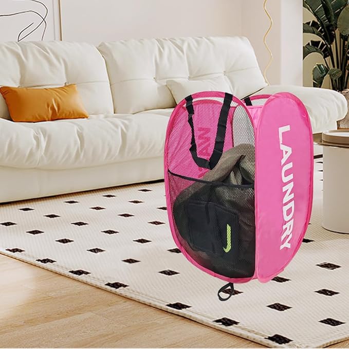 2 Pack Mesh Pop Up Laundry Hamper Collapsible Laundry Basket Pink Dirty Clothes Basket for Laundry Room, College Dorm, Bedroom, Travel