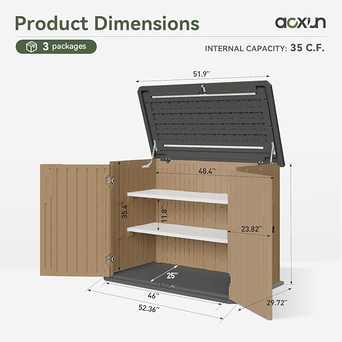 Aoxun Outdoor Storage Cabinet 35 Cu.Ft 2 Shelves, Outdoor Trash Can Storage Shed Waterproof Horizontal Storage Shed Outdoor Storage for Garbage Bin, Generator, and Lawn Mower (Brown)