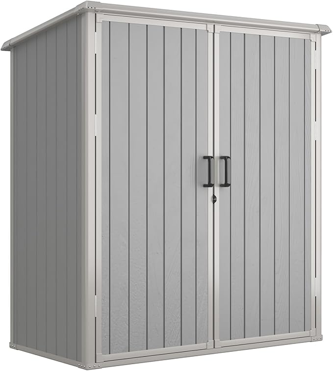 Aoxun 5x3 FT Outdoor Storage Shed, Plastic Garden Resin Shed with Floor for Patio, Lawn, Outdoor Storage Cabinet with Lockable Door for Bike, Garbage Can, Tools, Grey