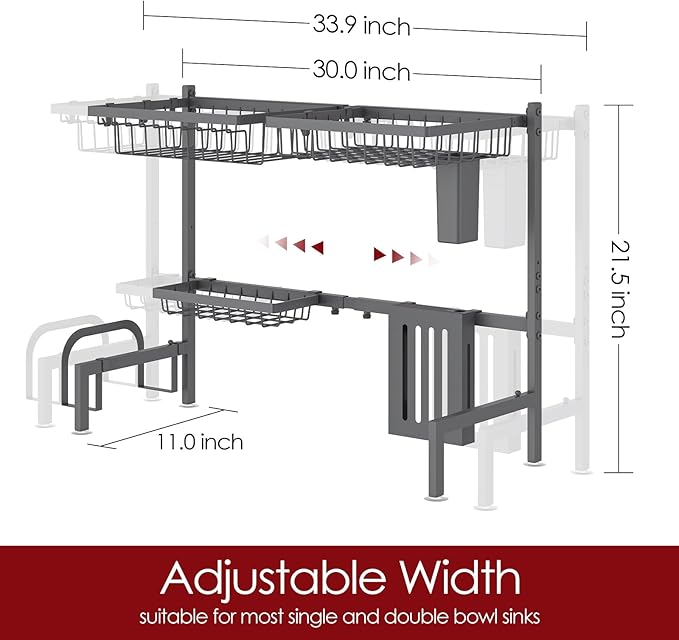Over The Sink Dish Drying Rack - Adjustable 2 Tier Large Capacity Stainless Steel Drainer with Cutlery & Utensil Holders, Kitchen Storage & Organization, 30"-33.9" L x 11" W x 21.5" H, Gray