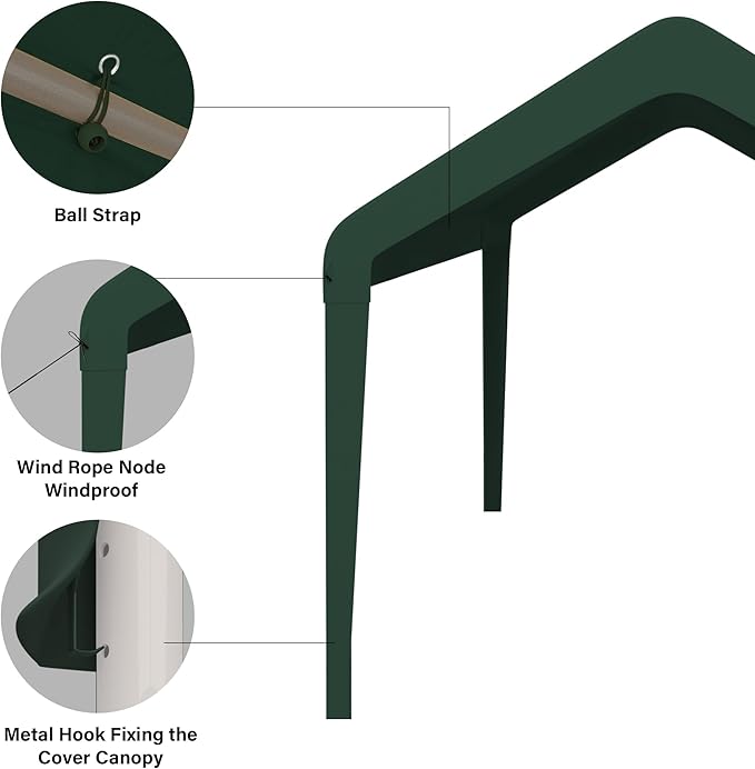 Canopy Replacement Cover, Carport Replacement Canopy, 800D Oxford Waterproof & UV Protected Tarp with Ball Bungees (Frame is not Included) (Green, 12x20)