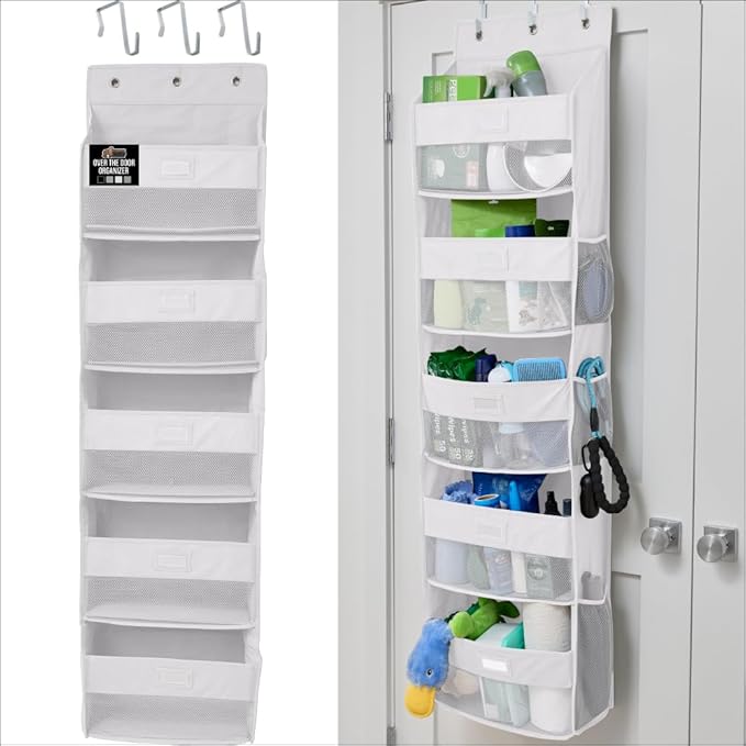 GORILLA GRIP Over The Door Organizer Storage, 5 Deep Hanging Shelves, Holds 50lbs, Closet Organizers Shelf for Bedroom, Bathroom, Nursery, Dorm Essentials, 3 Metal Hooks, 58x15 Inches, White