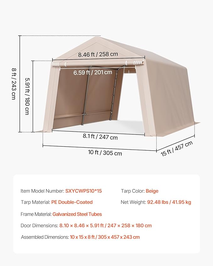 VEVOR 10 × 15 ft Outdoor Storage Shed Tent with Heavy-Duty Steel Frame, 2 Roll-Up Doors & Air Vents, Waterproof Portable Garage Carport Shelter for Motorcycle, Lawn Mower, Garden Tools – Beige