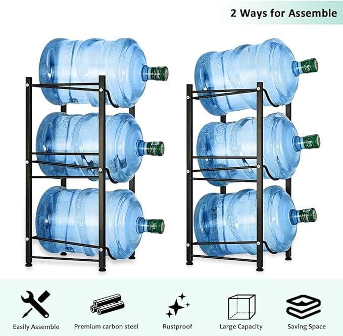 LIANTRAL 5 Gallon Water Bottle Rack - Detachable Heavy Duty 3-Tier Stand for Home, Office (Black)