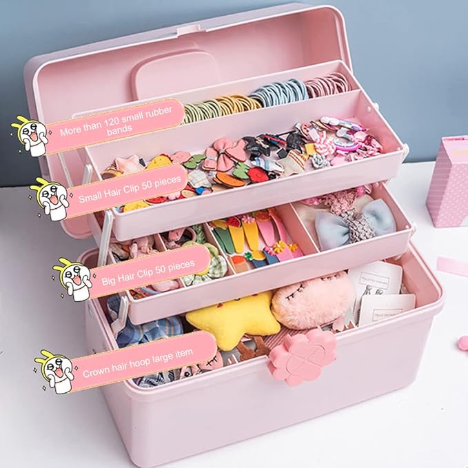 Kids Multi Layer Hair Accessories Organizer Storage Box with Stickers, Lids, and Handle - Plastic Hair Tie Holder for Toddler Girls