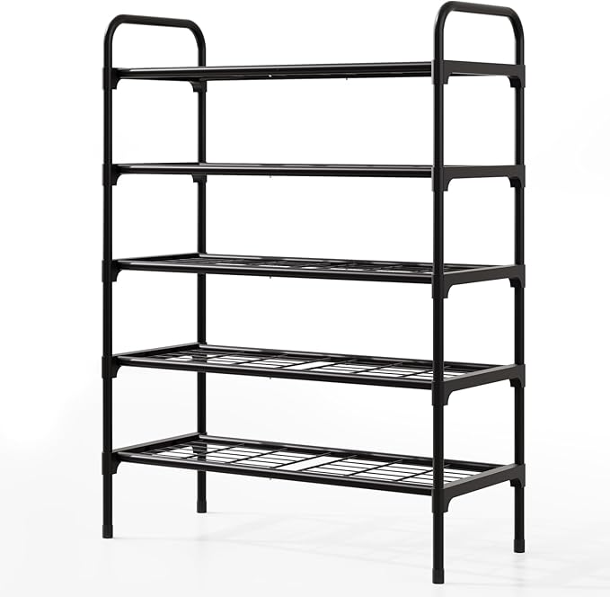 5-Tier Shoe Rack Organlzer, Rustproof lron, Spaclous Shoe Storage Shelf for Closet or Entryway, Fits Sneakers & Slippers, Black