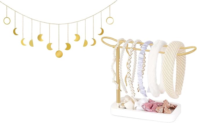 Mkono Moon Phase Wall Hanging Boho Aesthetic Room Decor and Headband Holder Headband Organizer Metal Headband Storage Headband Stand Rack for Claw Clip and Scrunchie Hair Accessories Organizer