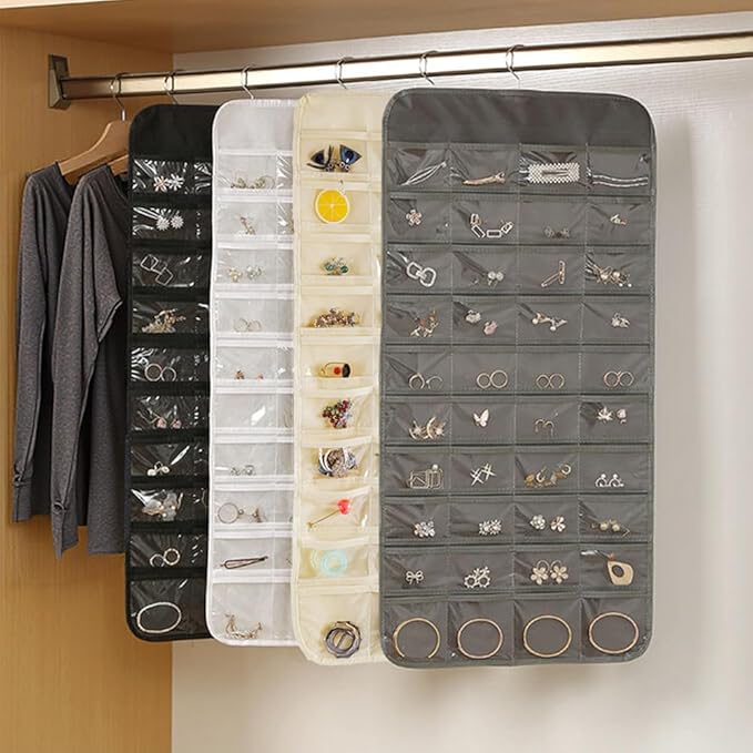 3PCS Hanging Jewelry Organizer with 80 Pocket Double-Sided Jewelry Holder Storage Wall Door Closet Accessories Organizer for Earrings, Necklaces, Rings (White)