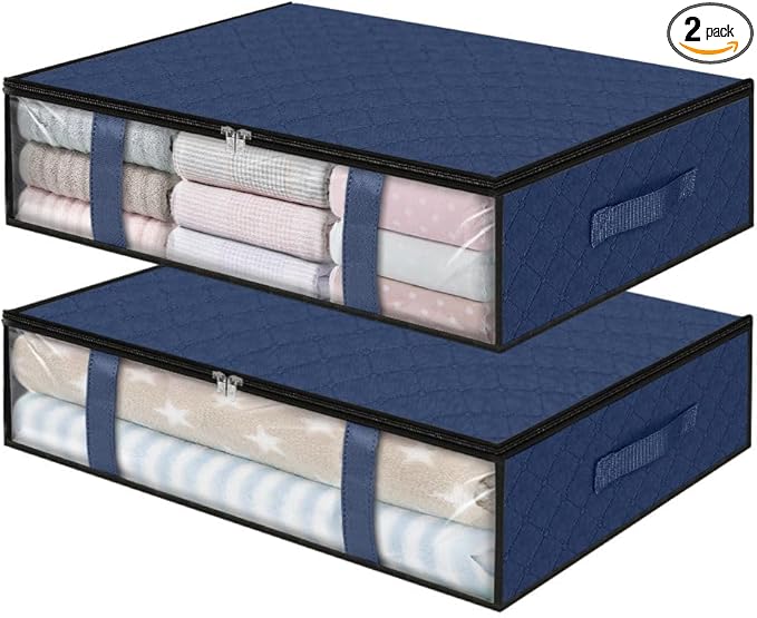 StorageRight Under Bed Storage Bins, 2-Pack 40L Foldable Fabric Storage Bags with Transparent Window, Breathable Organizer for Clothes/Blanket/Comforter/Quilt, Blue