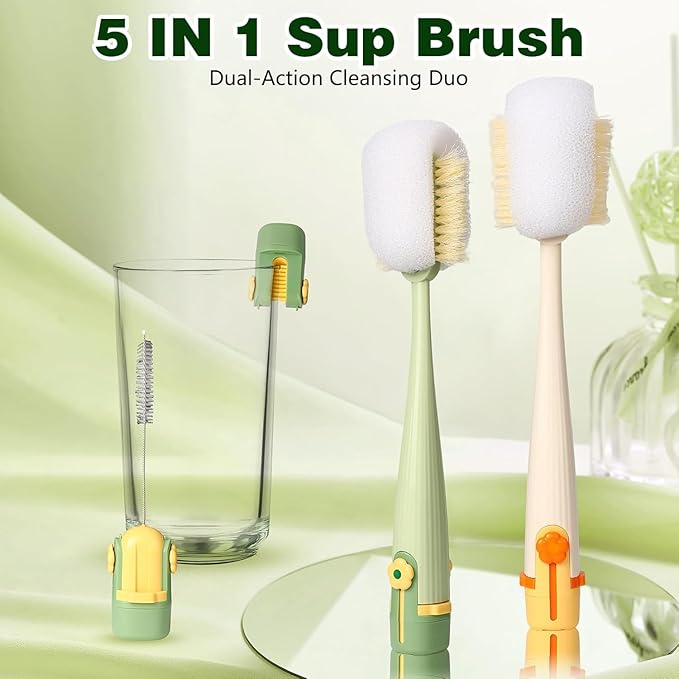 5-in-1 Bottle Cleaning Brush Set, Multifunctional Kitchen Lid Scrubber with Long Handle, Portable Brush Tools for Cups, Hard Bristle Sponge Head(2 Pack)