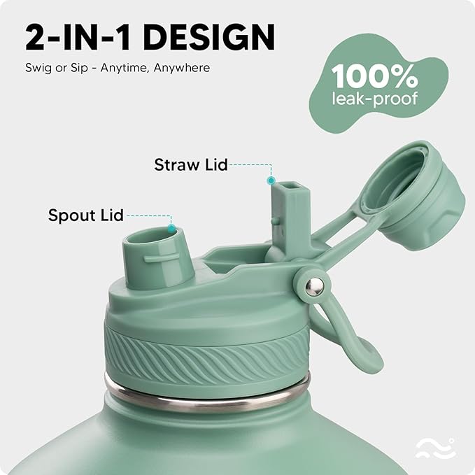 [2-IN-1 LID] Gallon Insulated Water Bottle with Silicone Boot (48hrs Cold/24hrs Hot) - DIY Stickers, Leakproof, BPA Free, 128 oz
