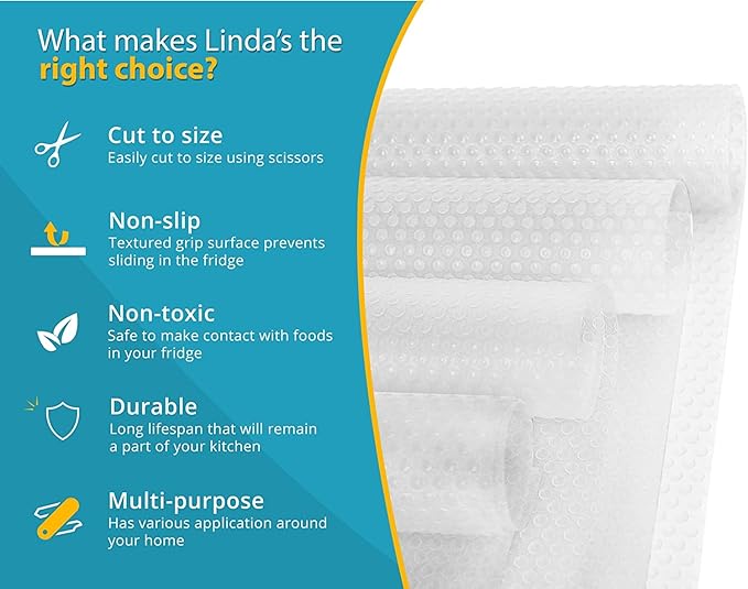Refrigerator Liners for Shelves (16 Pack) by Linda’s Essentials - Non-Adhesive Shelf or Drawer Liner, BPA-Free Fridge Mats for Kitchen & Cabinets, Easy to Clean, Ideal Household Essentials (Clear)