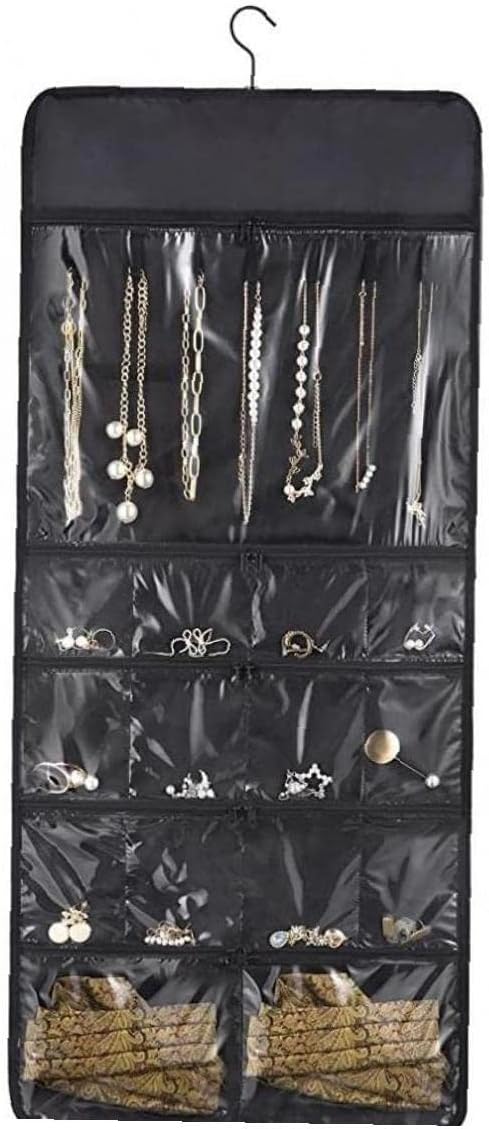 Hanging Jewelry Organizer Dual Zippered 43 Pockets 360°Rotating Double Sided Storage Pouch Wall Door Necklaces Sunglass Earrings Holders