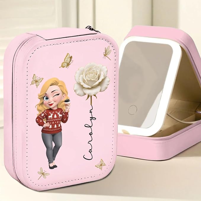 Bloom Within - Personalized Jewelry Box with LED Mirror, Cartoon Girl Custom Birth Flower Jewelry Box, Floral Jewelry Organizer for Women, Best Friend Mirror Jewelry Organizer, Friendship Gifts