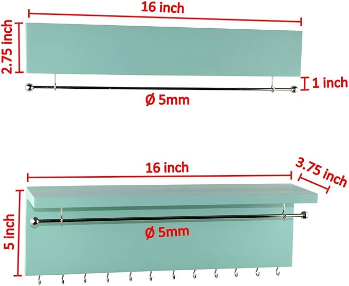 Spiretro Wall-Mounted Jewelry Organizer - Wood Turquoise - Necklace Holder with Removable Metal Bar - Earrings Bracelets Hooks - Shelf Storage