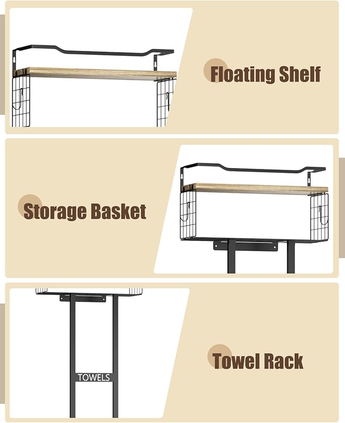 Towel Racks for Bathroom - Wall Mounted Metal Rack with Wood Plank, Bathroom Storage Organizer, Towel Holder Stores 6 Large Rolled Towels Easily, Black with Wood Plank