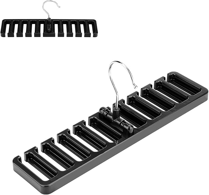 10 Slot Tie Belt Scarf Rack Organizer Sturdy Plastic Closet Wardrobe Space Saver Multifunctional Rotating Hanger for Ties Belts Scarves Accessories Black Brown Beige 30.5 x 7.3 x (Black)