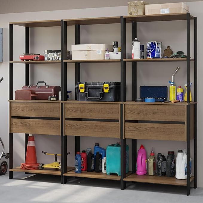 Madesa Garage Storage Rack with 6 Drawers and Open Shelves 82" L Multiuse Modular Organization Cabinet for Tools (Black/Brown)