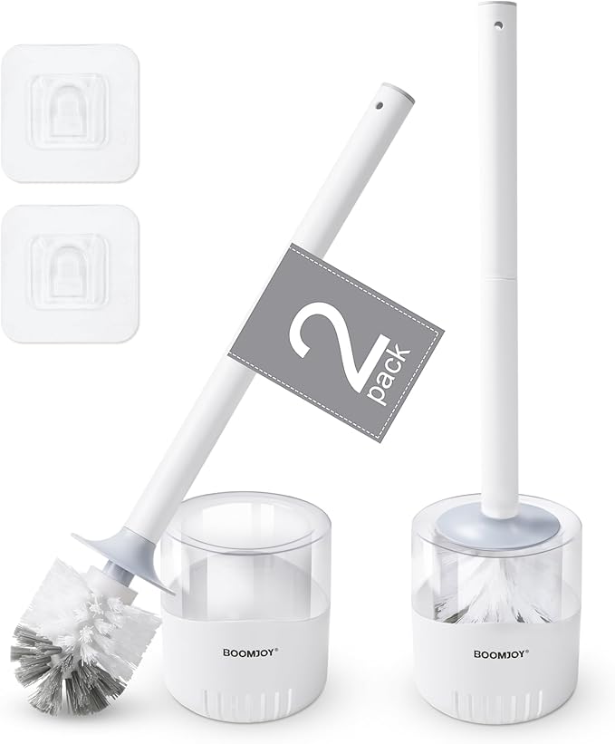 BOOMJOY Toilet Bowl Brush and Holder, 2 Pack Toilet Brush and Holder Set with Dense Bristles for Bathroom Deep Cleaning, Household Cleaning Accessories, Easy to Assemble, Clear