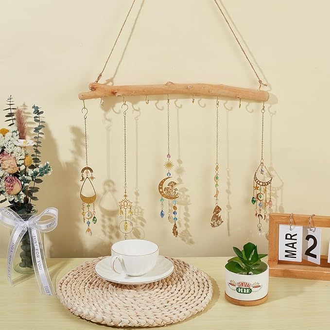 15 Inch 9 Hook Driftwood Wall Hanging Branch Hanger Natural Wood Farmhouse Vintage Easy to Use Necklace Holder Driftwood Hooks with Twine Rope for Dried Flowers Keys Crafts Home Decoration