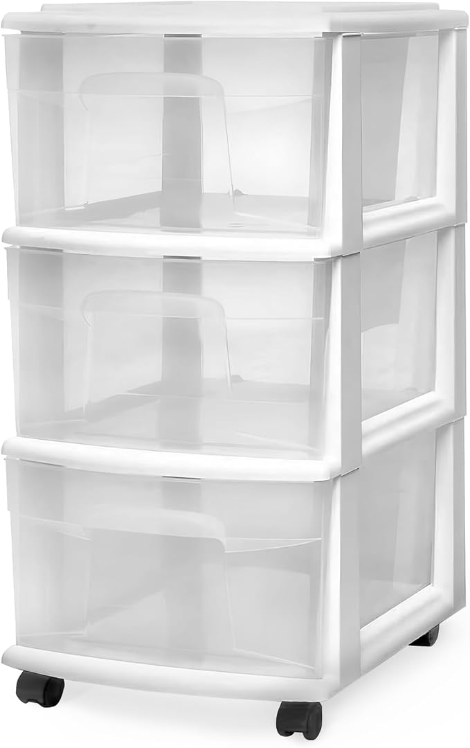 HOMZ Drawer Tower, 3-Tier Rolling Storage Cart with Removable Wheels, White Frame – Plastic Organizer with Clear Bin Drawers for Bedroom, Bathroom, Home Office, and Dorm Room