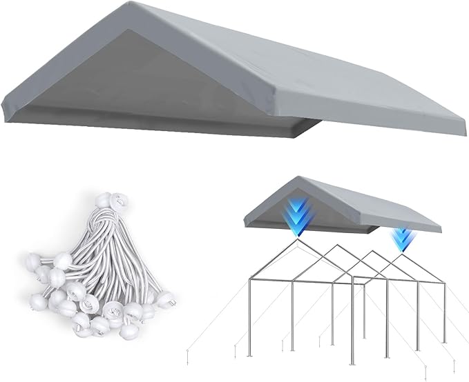 ADVANCE OUTDOOR Replacement Top Cover Tarp for 10x20 ft Carport Canopy with Ball Bungees, Sliver Gray, One Roof Only