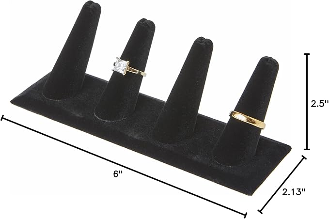 Plymor Black Velvet Ring Finger Display, Four on Rectangular Base, 6" W x 2.125" D x 2.5" H (Pack of 12)