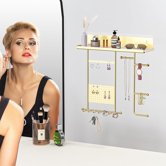 Wall Mounted Jewelry Organizer with Shelf: Metal Display Stand with Velvet Pad, Multi-Layer Necklace Hanging Rack for Bedroom Bathroom Space Saving No-Drill Wall Decor