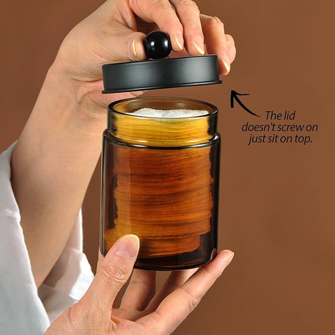 Amber Glass Qtip Holder, Apothecary Jar,Qtip Dispenser with Metal Lid & Stickers- 3Pack Containers,Vanity Canister Organizer Storage,Bathroom Accessories Set for Cotton Swab, Ball, Pad, Floss