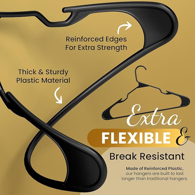 100 Pack Adult Plastic Hanger for Shirt Pants Coats Dresses Skirts Suits Jackets - Standard Thick Coat Hanger - Sturdy & Durable Design with Shoulder Grooves Hook - Black