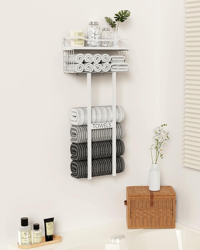 Towel Racks for Bathroom 31inch Wall Mounted Towel Rack,Floating Shelf with Wood Plank,Towel Storage for Bathroom Can Holds 6 Large Rolled Towels,All White